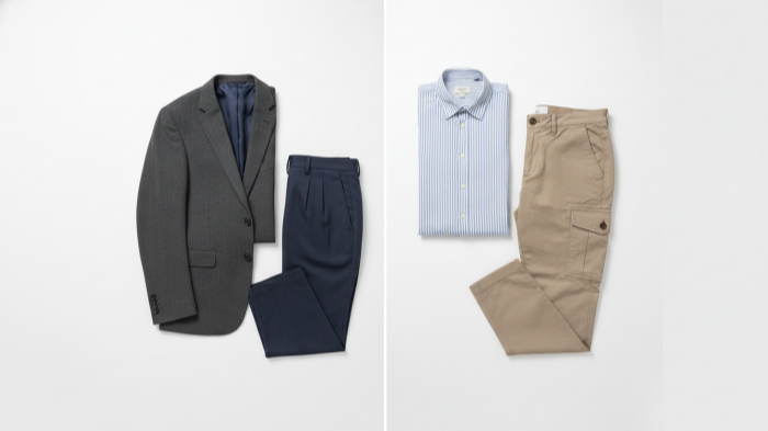 Comparison of formal blazer and trousers versus cargo pants with button-down shirt.