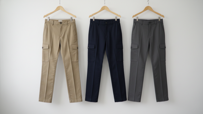 Three cargo pants in khaki, navy, and charcoal hanging on white wall.